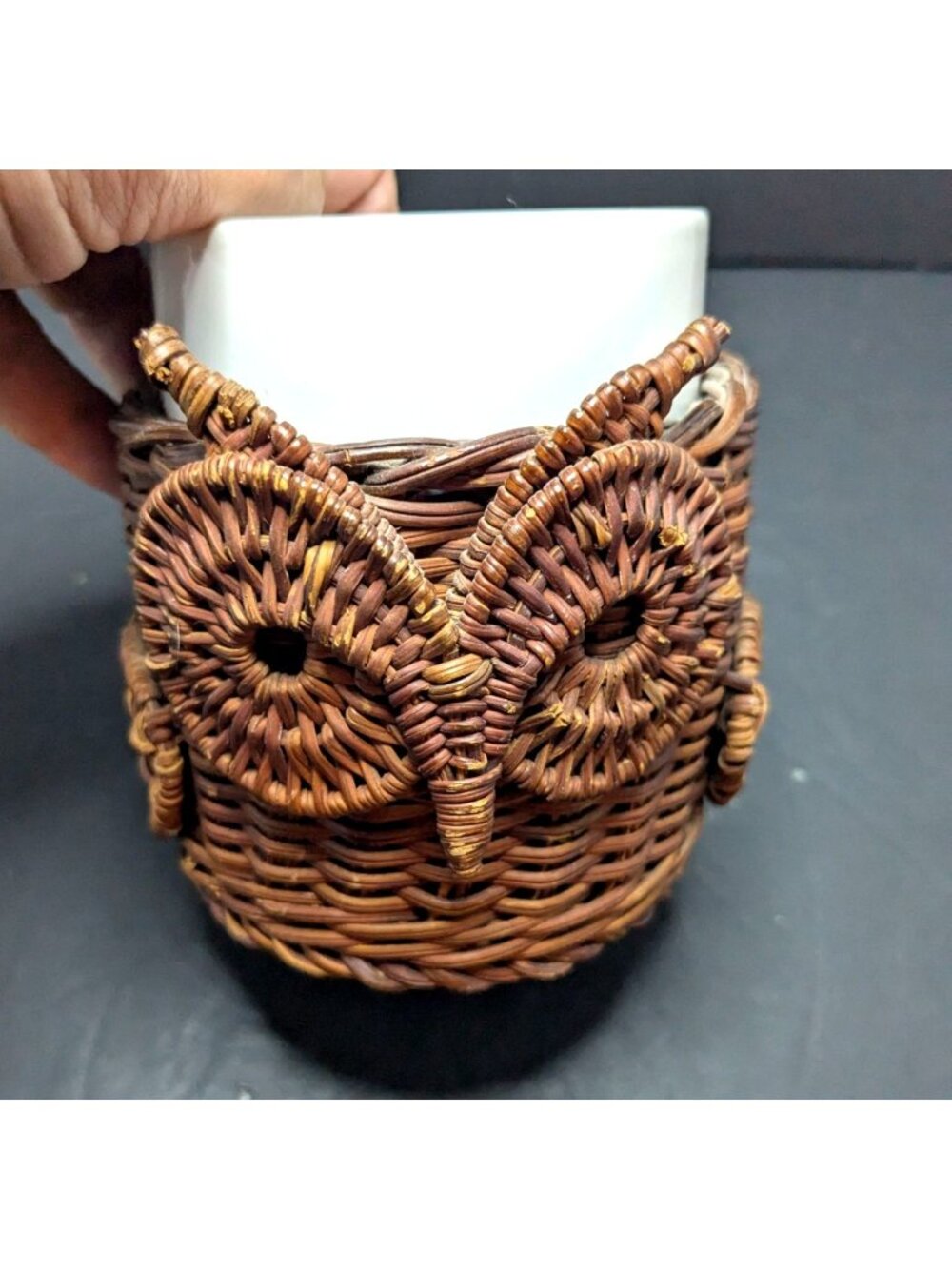 Vintage Avon Wicker Owl Mug Ceramic Insert And Handle 12oz